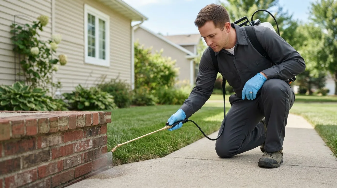 Pest control technician treating a home near Rudy, AR